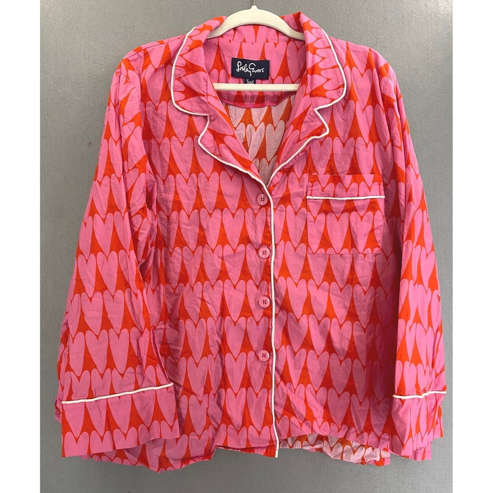Lesley Evers Pink Orange Heart Print Pajama Set Two X Plus Size Button Front
